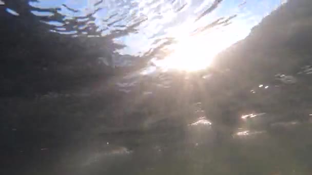 Movimiento rápido del agua con rayos de sol en movimiento sobre la superficie del agua y en el agua. — Vídeo de stock