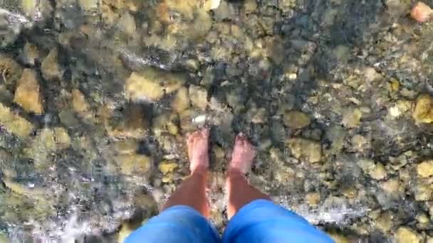 Girl stands at the bottom of a rocky shallow river in the mountains — Stock Video