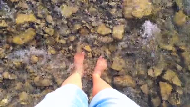 Jente står på bunnen av en steinete grunn elv i fjellene – stockvideo