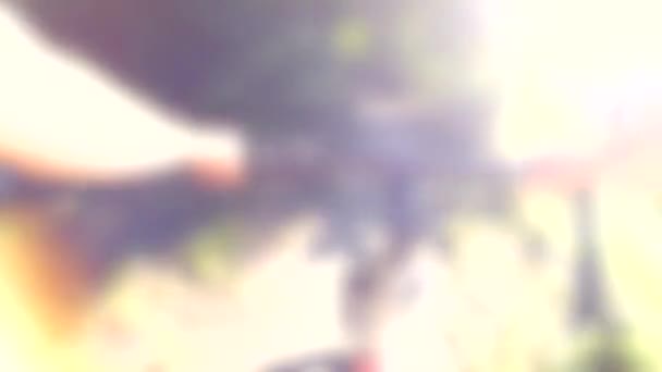 Rozmazané pozadí. Dívka jezdí na kole podél řeky za slunečného letního dne — Stock video