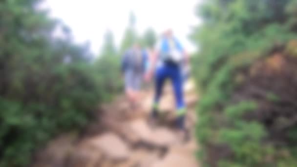 Blurred background. People walk on dirt mountain trail while hiking in mountains — Stock Video