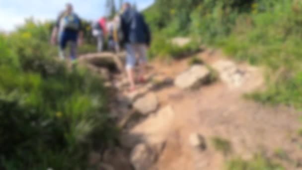 Sfondo sfocato. La gente cammina su sentieri di montagna sterrati mentre cammina in montagna — Video Stock