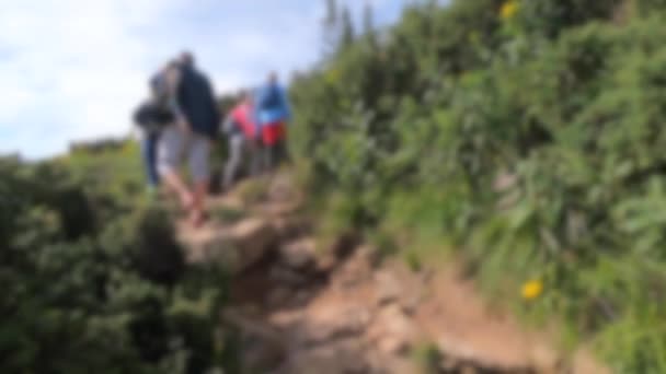 Blurred background. People walk on dirt mountain trail while hiking in mountains — Stock Video