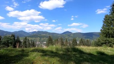 Güneşli bir yaz gününde dağlardaki köyün panoramik manzarası