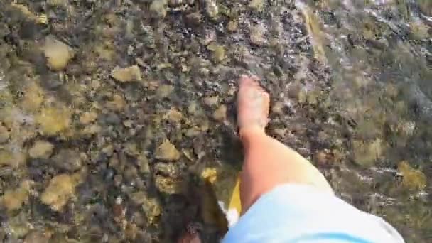 Menina caminha com os pés descalços em pedras em um rio rochoso raso nas montanhas — Vídeo de Stock