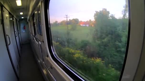 Пейзажные пейзажи поля и горы из окна железнодорожного поезда — стоковое видео