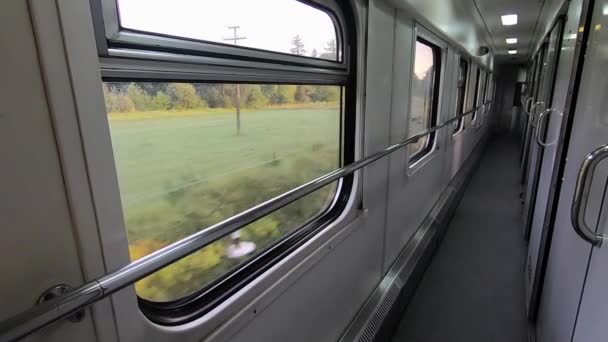 Landskapslandskap åkrar och berg från fönstret av järnvägståg — Stockvideo
