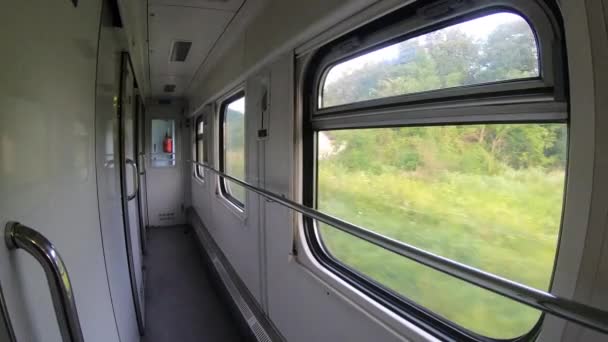 Τοπίο τοπίο πεδία και βουνά από το παράθυρο της σιδηροδρομικής αμαξοστοιχίας — Αρχείο Βίντεο