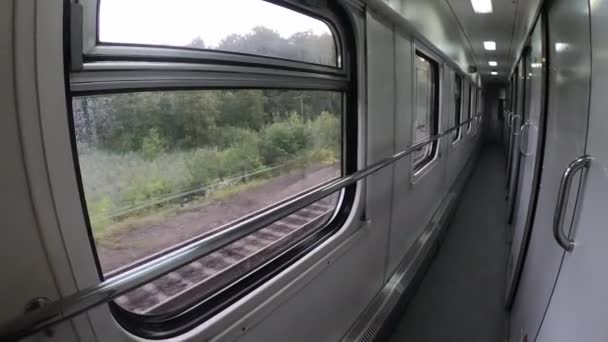 Paisaje paisajes campos y montañas desde la ventana del tren ferroviario — Vídeos de Stock