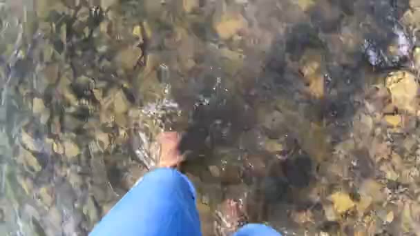 Chica caminando descalza sobre piedras de río poco profundo primer plano, día de verano soleado — Vídeos de Stock