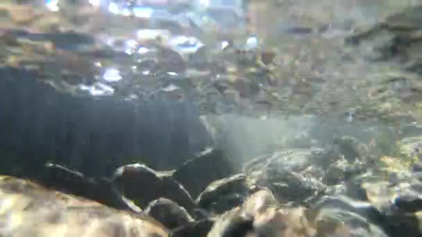 Stromend water, zonlicht door water, stenen op de bodem — Stockvideo