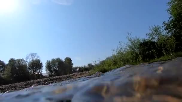 Caméra est abaissée sous l'eau transparente propre de la rivière de montagne. — Video