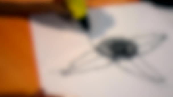 Sfondo sfocato. Penna gialla 3d disegna un contorno nero fiore su carta bianca — Video Stock