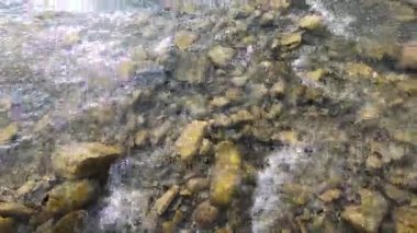 Doğal arka plan. Sığ bir nehrin dibindeki taşların üzerinden sular akar.