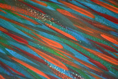 Renkli fırça darbelerinin parlak sanat arkaplanı boya yaptı. Çeşitli fırça hatları yakın plan. Soyut renkli arkaplan. Boyayla boyanmış rengarenk parlak çizgiler. Resim çizimi