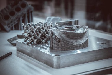 Adam metal 3D yazıcıya basılı nesne tutuyor. Nesne lazer sindirim makinesine basılmış. Metal tozundan modern 3D yazıcı baskısı. İlerici katkı maddesi DMLS, SLM, SLS 3D yazdırma teknolojisi