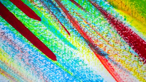 Arte tela creativa con linee disegnate di blu, giallo, verde, vernice rossa. — Video Stock