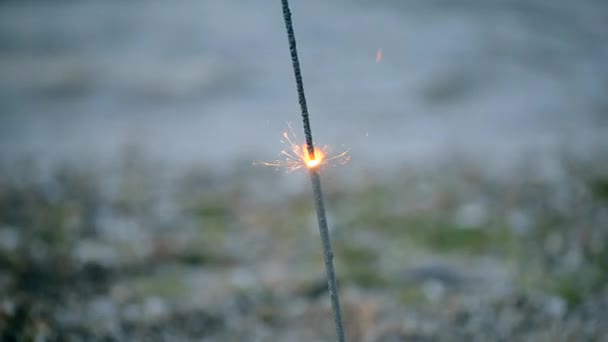Βεγγάλη φωτιά με σπινθήρες εγκαύματα κατά κύματα υποβάθρου — Αρχείο Βίντεο