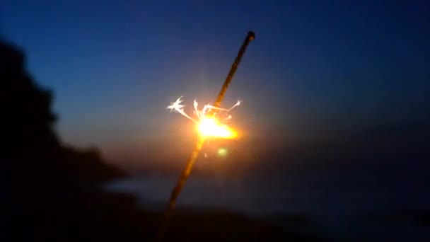 Βεγγάλη φωτιά με σπινθήρες καίει τη νύχτα το σούρουπο σε φόντο — Αρχείο Βίντεο