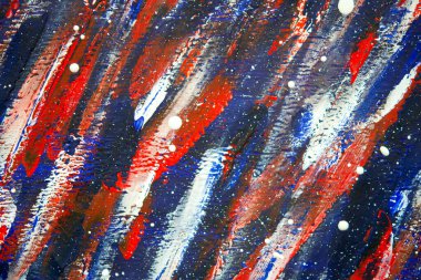Kırmızı, beyaz ve mavi renkli fırça darbelerinin arka planı, yakın plan beyaz sprey. Renkli fırça çizgilerinin parlak arkaplanı. Renk çizgilerini çatlamış ve çizilmiş boyayla karıştırıyorum.
