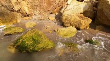 Beyaz köpüklü şeffaf su dalgaları kumların üzerinde akıyor.