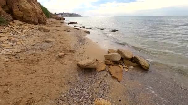 Des vagues d'eau claire transparente avec de la mousse blanche coulent sur le sable — Video