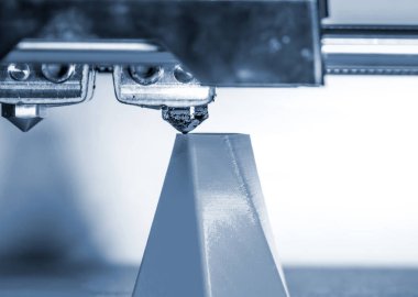 Modern 3D yazıcı yazıcı figürü yakın plan. Otomatik olarak üç boyutlu