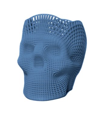 3D yazıcıda mavi gri renkli plastik ile basılmış kafatası.