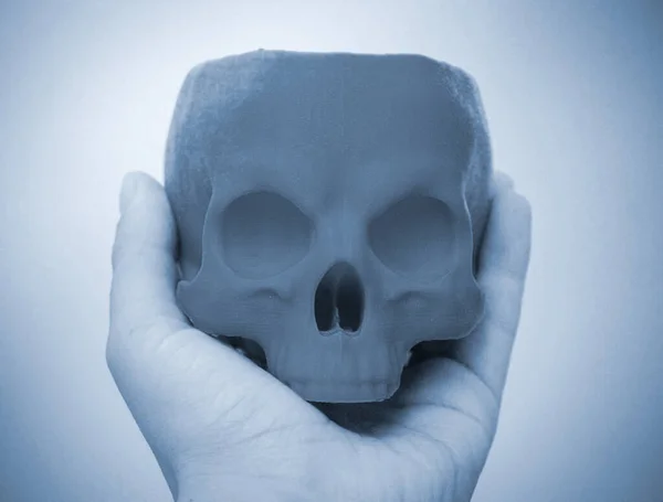 Czaszka wydrukowana na drukarce 3D w ręku człowieka. Nowoczesny progresywny — Zdjęcie stockowe