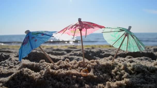 Ombrelli da cocktail di carta in sabbia in riva al mare nella soleggiata giornata estiva primo piano — Video Stock