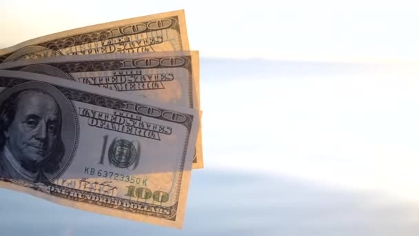 Three hundred dollar bills on background of sea surface. 100 dollar cash — Stock Video