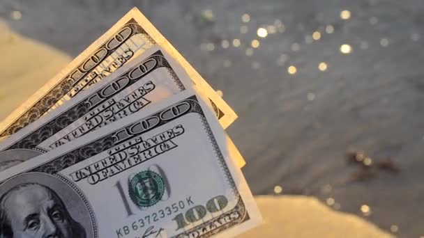 Three hundred dollar bills on background of sea surface. 100 dollar cash — Stock Video