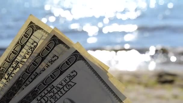 Dollar sedlar på bakgrunden av havet på solig dag närbild. — Stockvideo