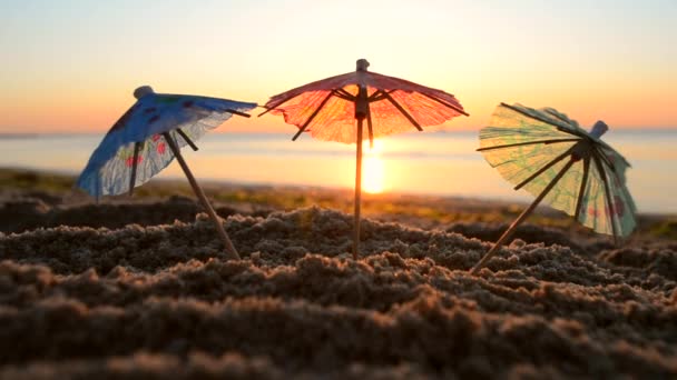 Guarda-chuvas de papel na areia na praia ao pôr-do-sol de madrugada de perto — Vídeo de Stock