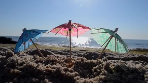 Ombrelli da cocktail di carta in sabbia in riva al mare nella soleggiata giornata estiva primo piano — Video Stock