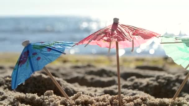 Papír koktél esernyők homokban a tengerparton a napsütéses nyári napon közelkép — Stock videók