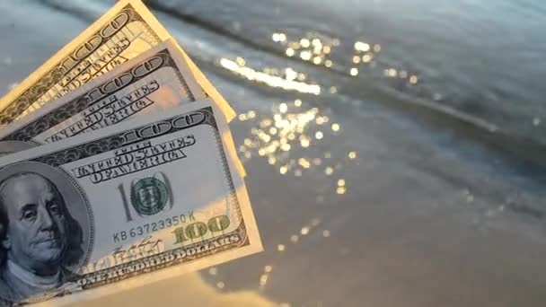 Driehonderd dollar biljetten op de achtergrond van het zeeoppervlak. 100 dollar contant — Stockvideo