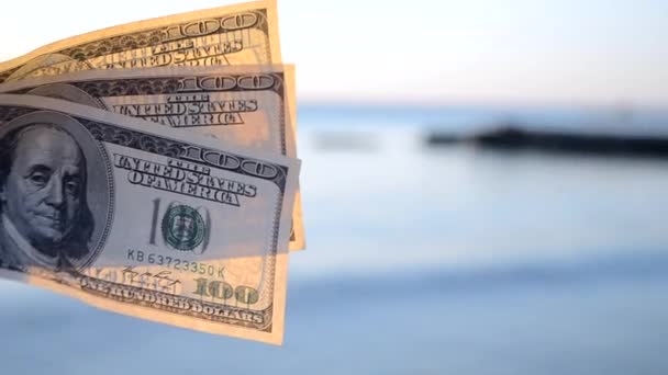 Three hundred dollar bills on background of sea surface. 100 dollar cash — Stock Video