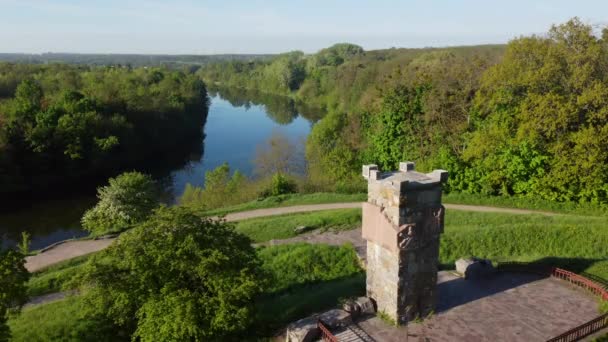 Volo aereo drone vista su radura, erba verde brillante e pietra vecchia torre — Video Stock