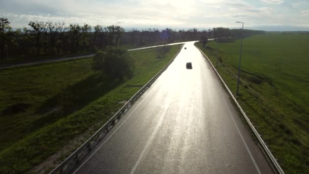 Drönare ovanför våt asfalterad väg för bilar mellan sådda fält — Stockvideo