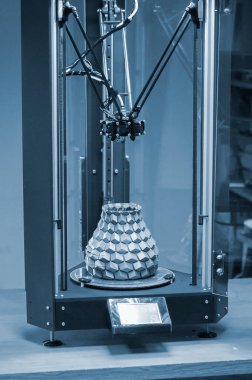 Onun yarattığı 3D yazıcının içinde büyük gri bir vazo.