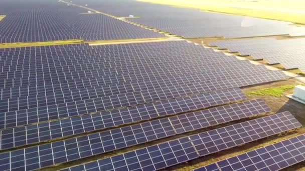 Vôo aéreo da visão do drone sobre painéis da central de energia solar. — Vídeo de Stock