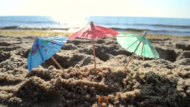 Ombrelli da cocktail di carta in sabbia in riva al mare in estate soleggiata e luminosa — Video Stock