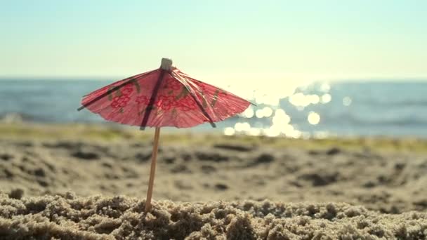 Бумажные коктейльные зонтики в песке на берегу моря в солнечное яркое лето — стоковое видео