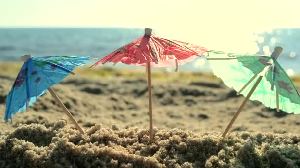 Paper cocktail umbrellas in sand on seashore on sunny bright summer — Stock Video