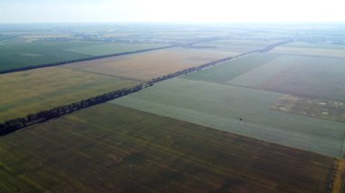 Hava aracı farklı tarımsal alanlar üzerinde uçuyor.