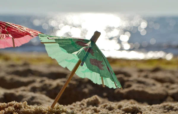 Pequenos guarda-sóis de praia feitos de papel para coquetel — Fotografia de Stock