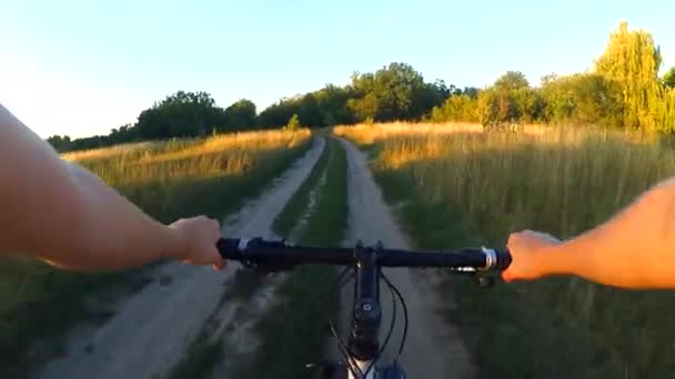 Una chica monta una bicicleta en el suelo en un campo de verano durante el amanecer — Vídeos de Stock