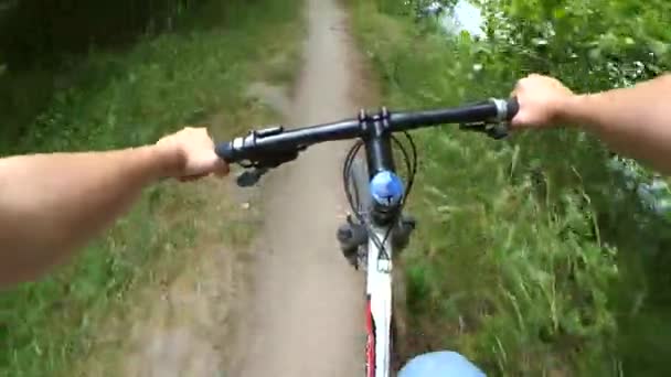 Montar en bicicleta en el bosque por un camino de tierra. Acciones — Vídeo de stock