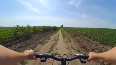 Yeşil bir tarlada bisiklet süren bir kız.